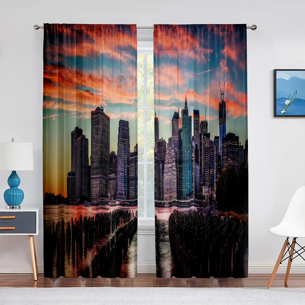 Stadtbild New York Nacht Skyline Landschaft Ansicht Chiffon Transparente Vorhänge für Wohnzimmer Schlafzimmer Dekor Fenster Voiles Tüll Vorhang