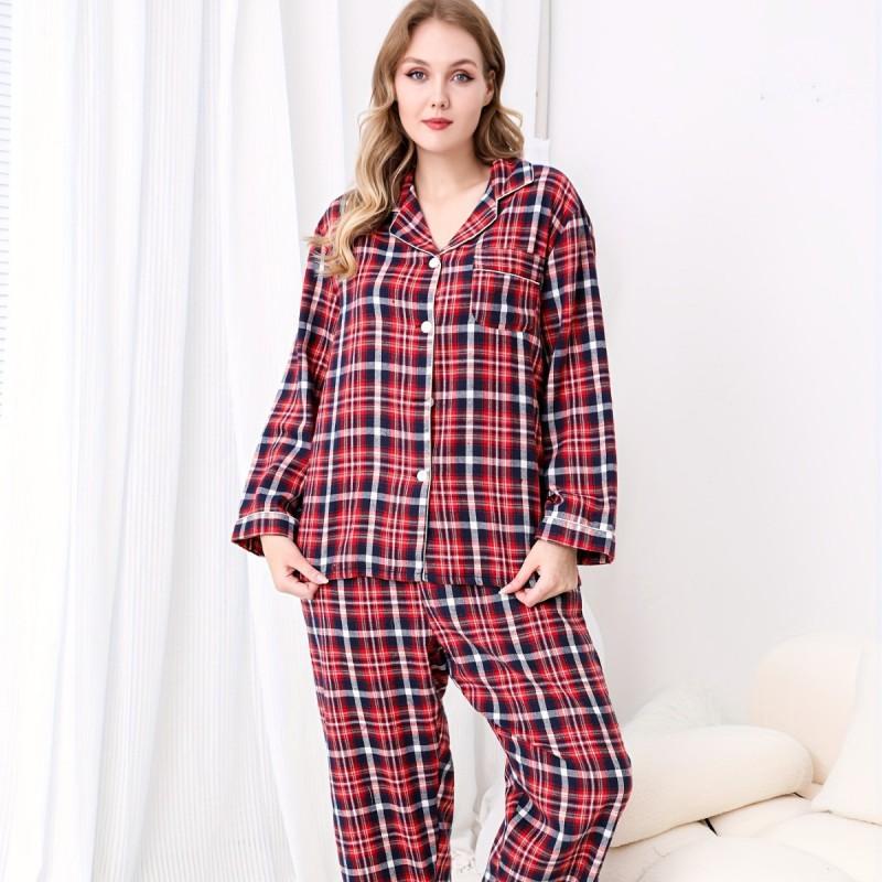 Womens Oversized Plaid Pajama Set Long Sleeve Turn-Down Collar Loose Comfortable Sleepwear Winter Home Use