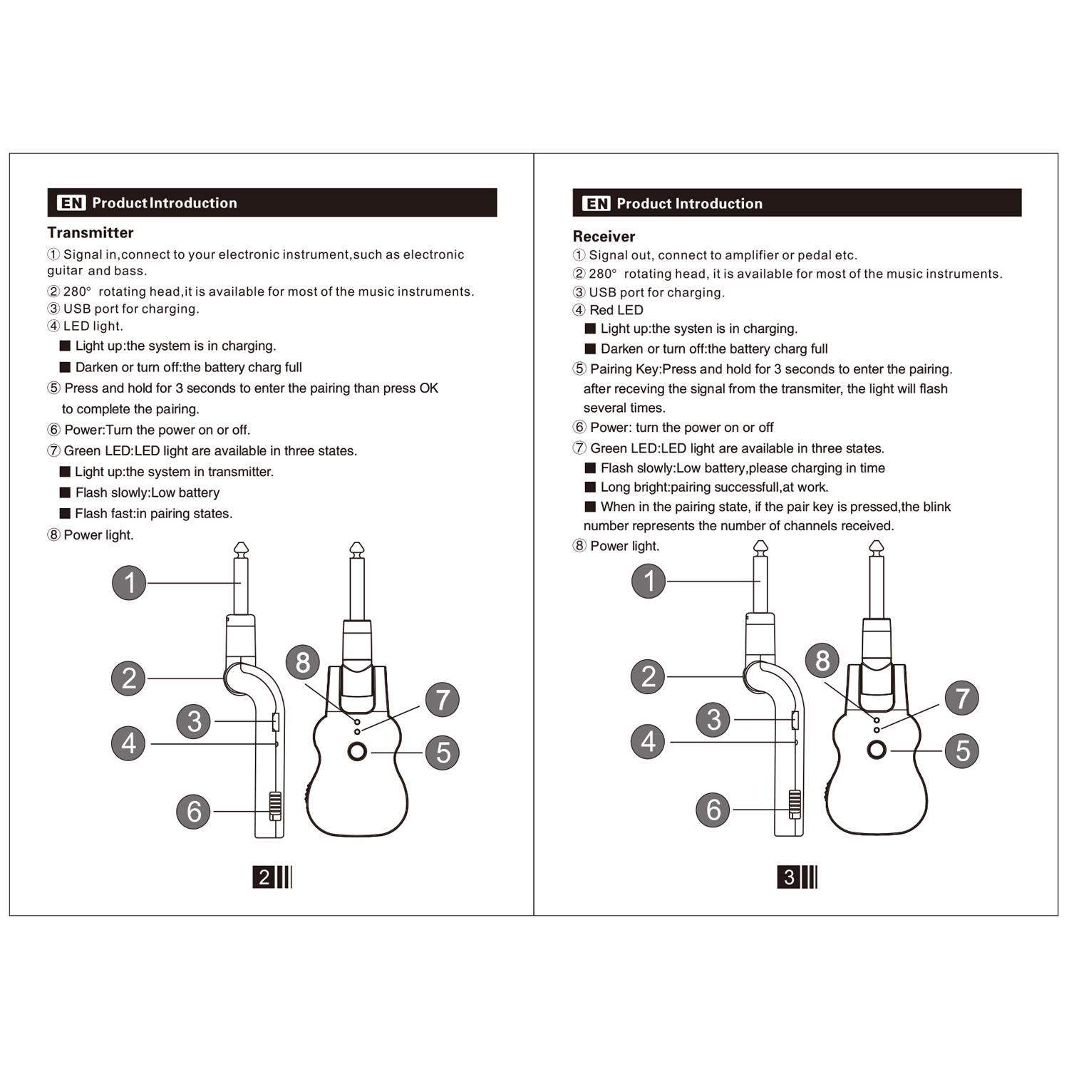

UHF Wireless Audio Transmitter Receiver System USB Rechargeable Pick Up for Electric Guitar Bass Musical Instrument
