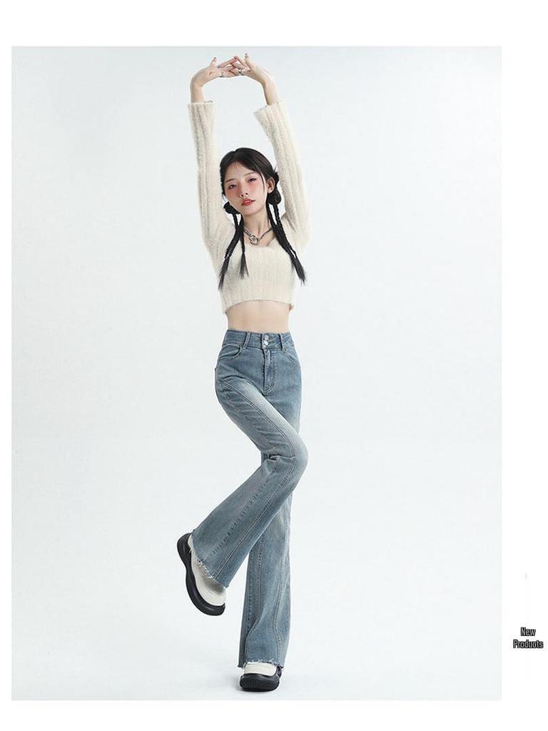 Women's High Waist Vintage Micro-Flare Jeans - Elastic, Raw Hem, Double Button, Retro Bell Bottom.