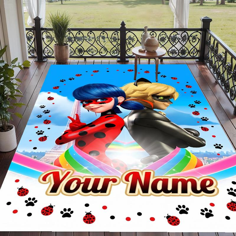 Custom Name Miraculous Ladybug Crystal Velvet Floor Rug Personalized Text Soft Carpet Home Decor
