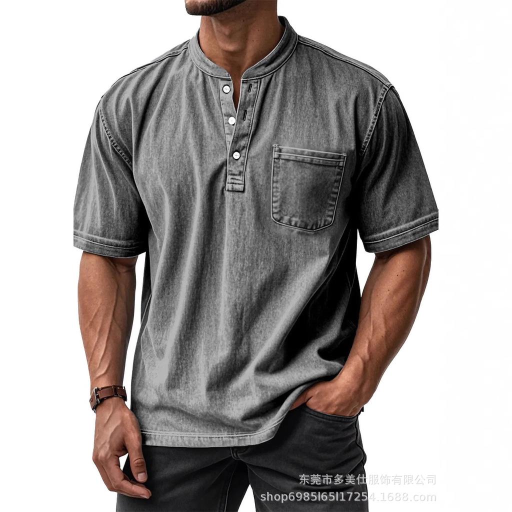 Men's Light Blue Short Sleeve Henley Shirt with Chest Pocket