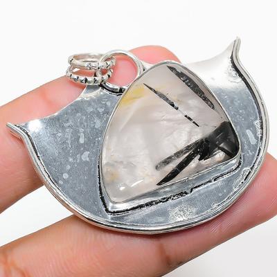 Natürlicher Schwarzer Rutil Edelstein Handgefertigter 925 Sterling Silber Anhänger 1.77" r1C79