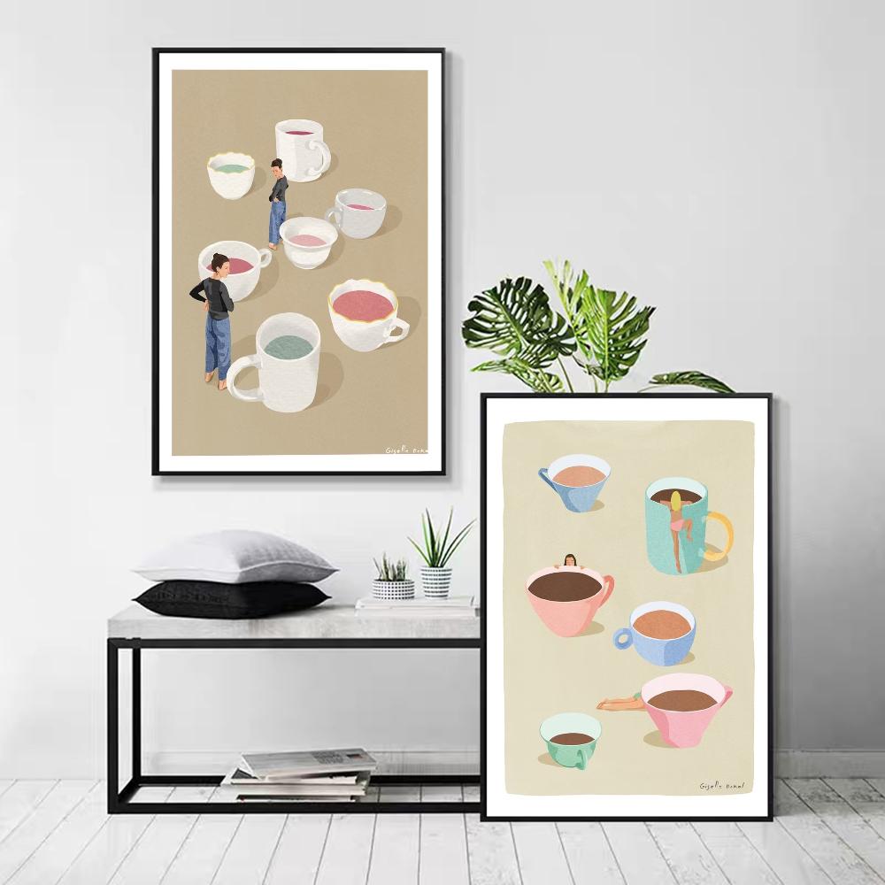 Coffee Cups funny Art Anime Posters Sticky HD Quality Wall Art Retro Posters for Home Kawaii Room Decor