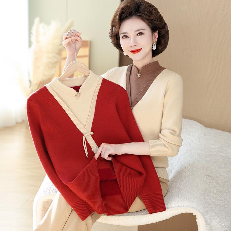 Mom's Autumn and Winter Chinese Style Fake Two-piece Sweater Integrated Velvet Knitted Base Shirt New Women's Plush Thick Top