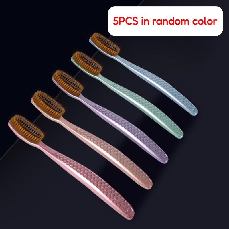 5PCS Soft Hair Toothbrush Set with Curved Extended Brush Head for Deep Oral Cleaning in 5 Colors for Adults