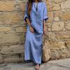 Damen Sommer Boho Gestreiftes Baumwoll-Leinenkleid Lässig Kurzarm Strand Maxikleid mit Vordertasche