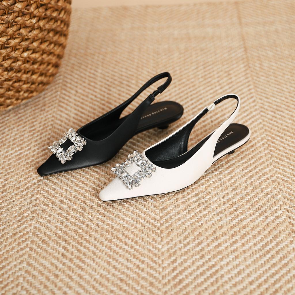 139-6 Flash Diamond Pointed Low Heel Single Shoes Spring and Summer New French Shallow Mouth Square Buckle Rear Empty Flat Sole Single Shoes Women's