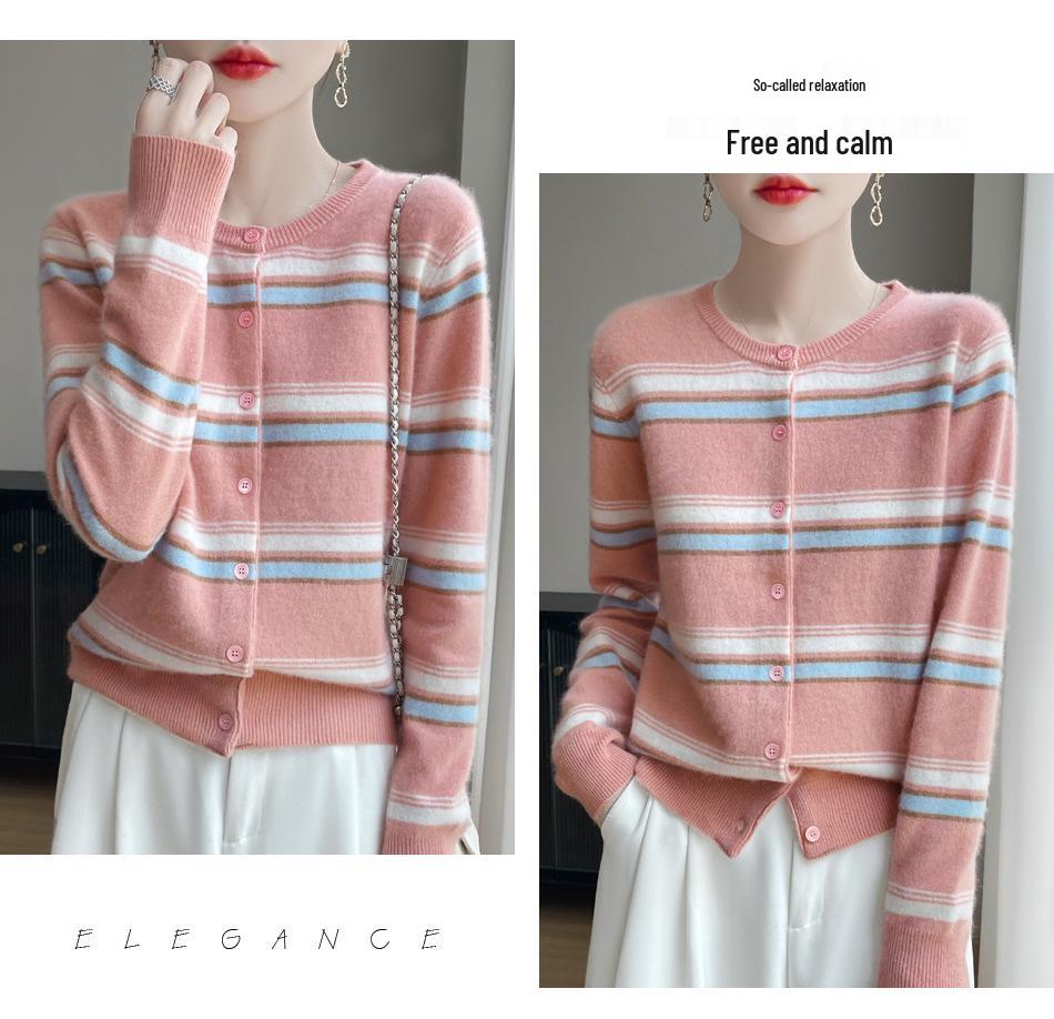 100% Wool Striped Cashmere Button-Up Sweater for Women - Korean Style, Autumn/Winter Collection