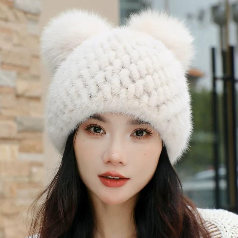 New Mink Hair Hat Warm Woven Wool Fox Hair Ball Cute Mickey Hat Fur Milliner Autumn and Winter