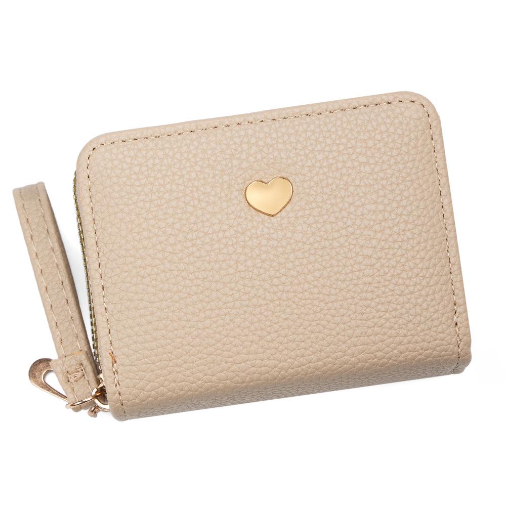 Compact Women's Heart Double Zipper Wallet with Card Slots and Hand Strap