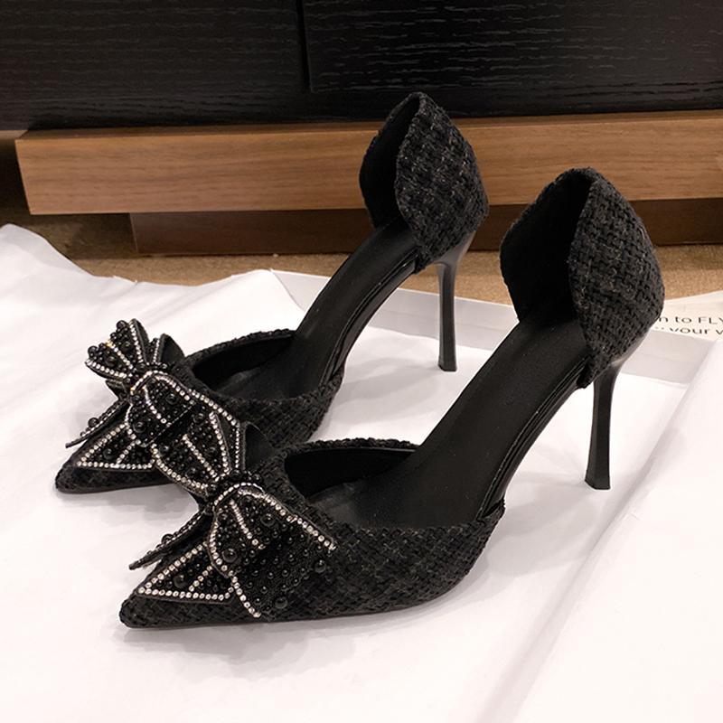 Pantofi de Nuntă Eleganti cu Fundă cu Perle pentru Mireasă Femeie Sexy Toc Stiletto cu Vârf Ascuțit Pantofi cu Toc Înalt Femei Pantofi Strălucitori cu Cristale pentru Rochie de Petrecere