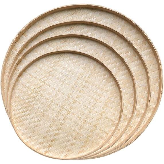 4 Pcs Handwoven Flat Wicker Round Fruit Basket Woven Food Storage Weaved Shallow Tray Organiser Vegetable Fruit Bowl DIY Drawing Board Wall Basket