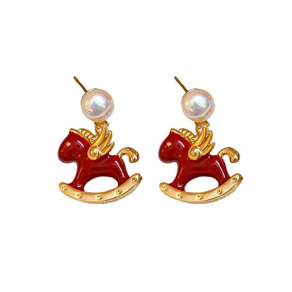 Chinese Horse New Year Cartoon Horse Earrings Zodiac Pony Red Drop Earrings  Lady