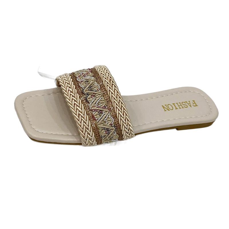 Ethnic style fisherman's cool slippers women's summer wear 41-43 large size woven sweat-absorbing flat-bottomed casual one-word slippers