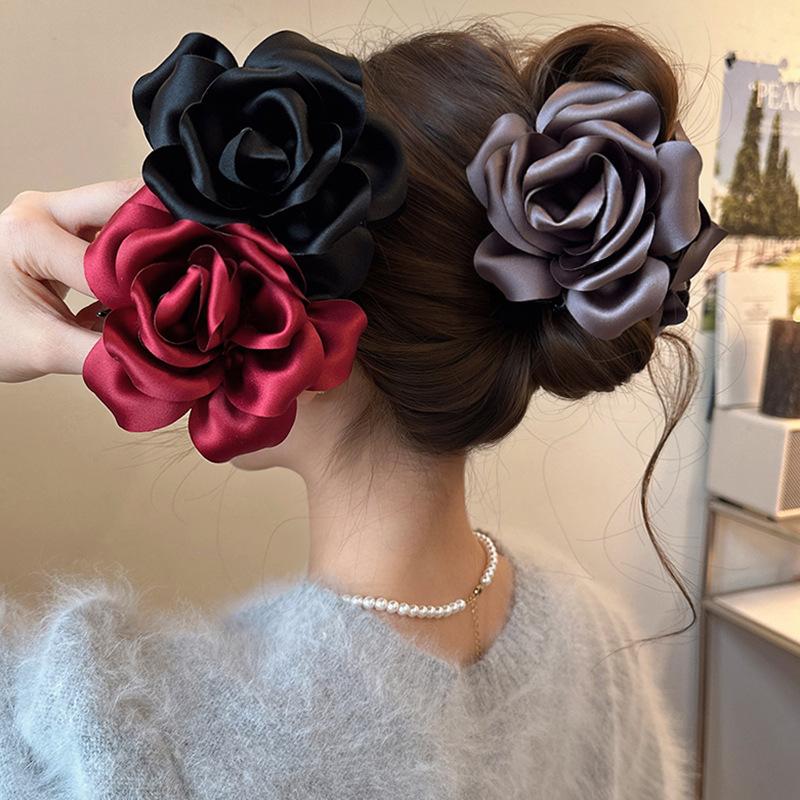 Temperament Satin Rose Flower Headwear Hair Claw Clips For Women Ponytail Holder Shark Clamp Hair Clip Hair Accessories