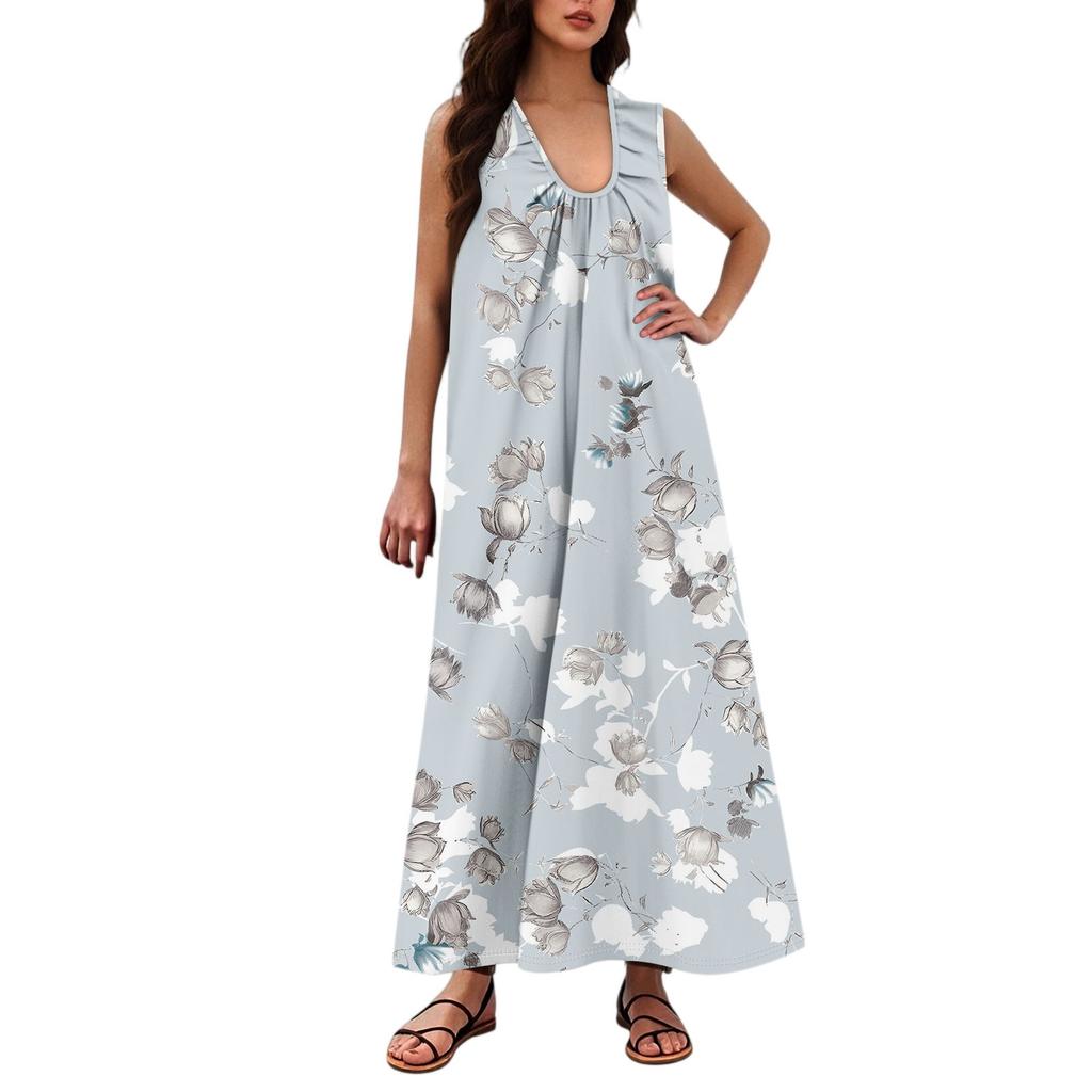 Women's Fashion Casual A-line Floral Printed Hammer Feel Loose Long Skirt With Pockets
