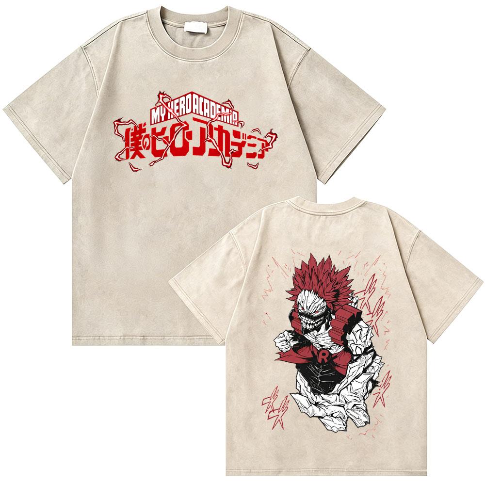 Washed Vintage Anime My Hero Academia Eijiro Kirishima T-shirt Men Women Manga Casual Retro T-shirts Men's Cotton Oversized Tees