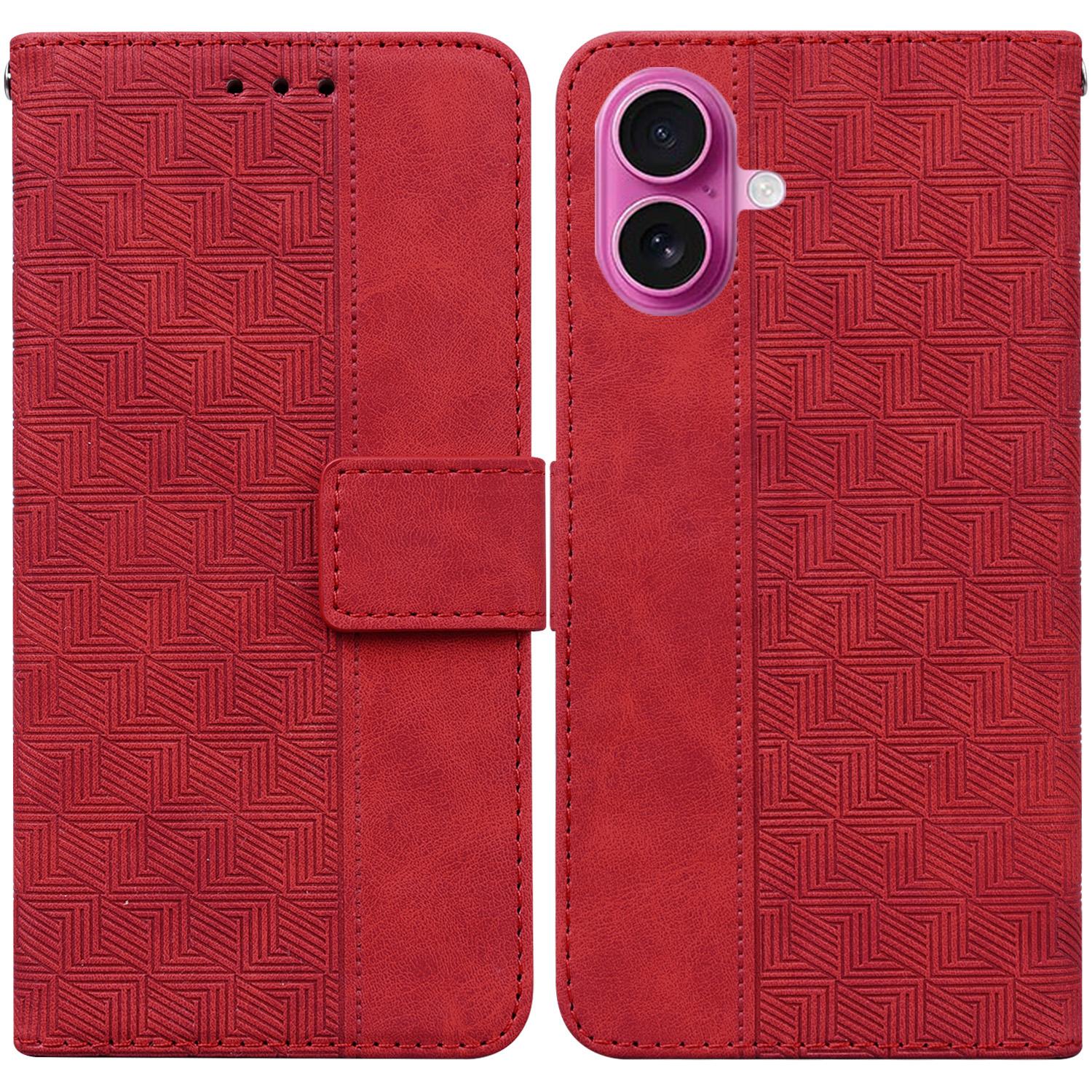 

For iPhone 17 Case Geometry Pattern Leather Wallet Phone Cover with Wrist Strap Red