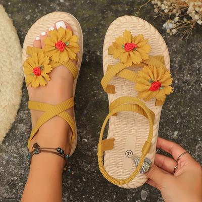 Damen Bunte Blumen Flache Sandalen, Zehenschlaufe Komfort Offene Zehen Slip-On Sandalen, Lässige Strand Outdoor Schuhe