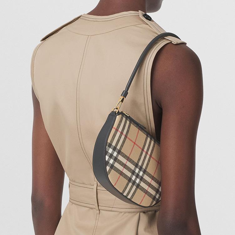 Burberry Olympia Series Vintage Check Print Cotton Blend Polyurethane Underarm Half Moon Shoulder Tote Bag Women bags Beige 80505801