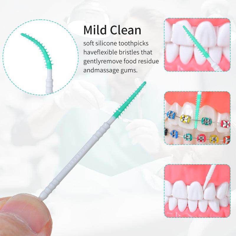 50Pcs Double-End Interdental Brush Clean Between Teeth Extended Massage Disposable Silicone Toothpicks Brush