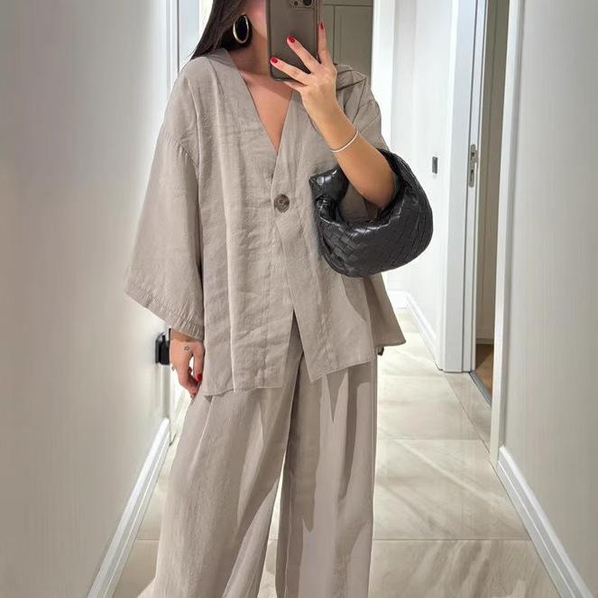 2026 Cross-border Women's Fashion Casual Suit V-Neck One Button Loose Long Sleeve Top High Waist Pants Two-piece Set