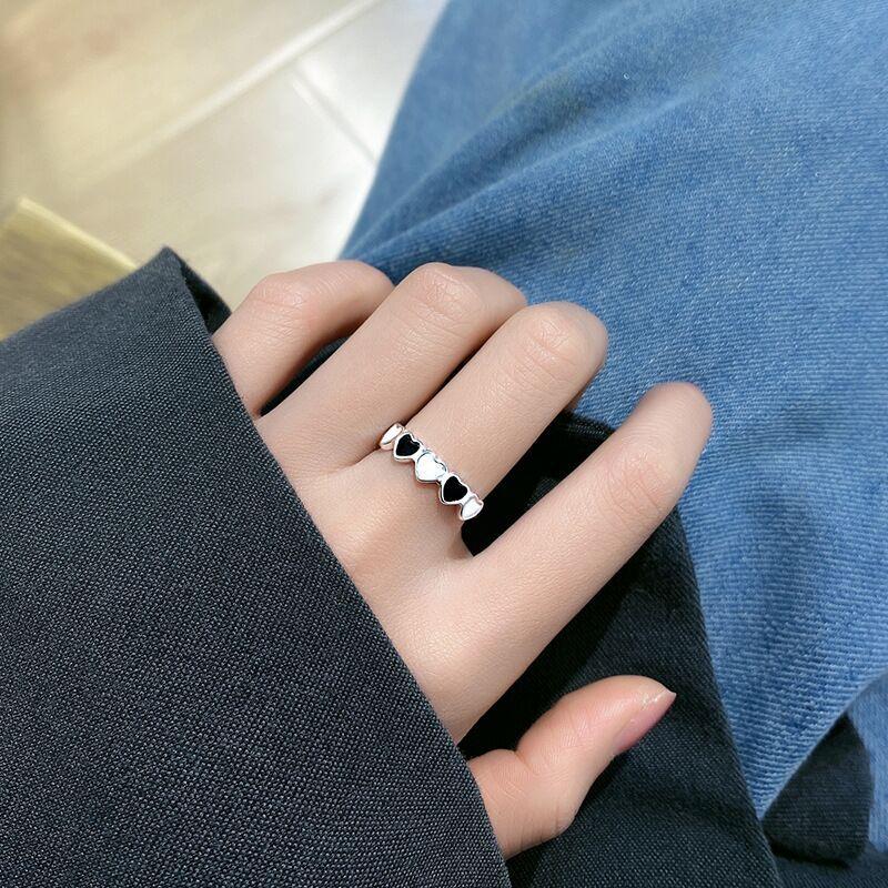 925 Sterling Silver Black And White Heart Connected Adjustable Rings For Women Engagement Wedding Vintage Jewellery Argent 925