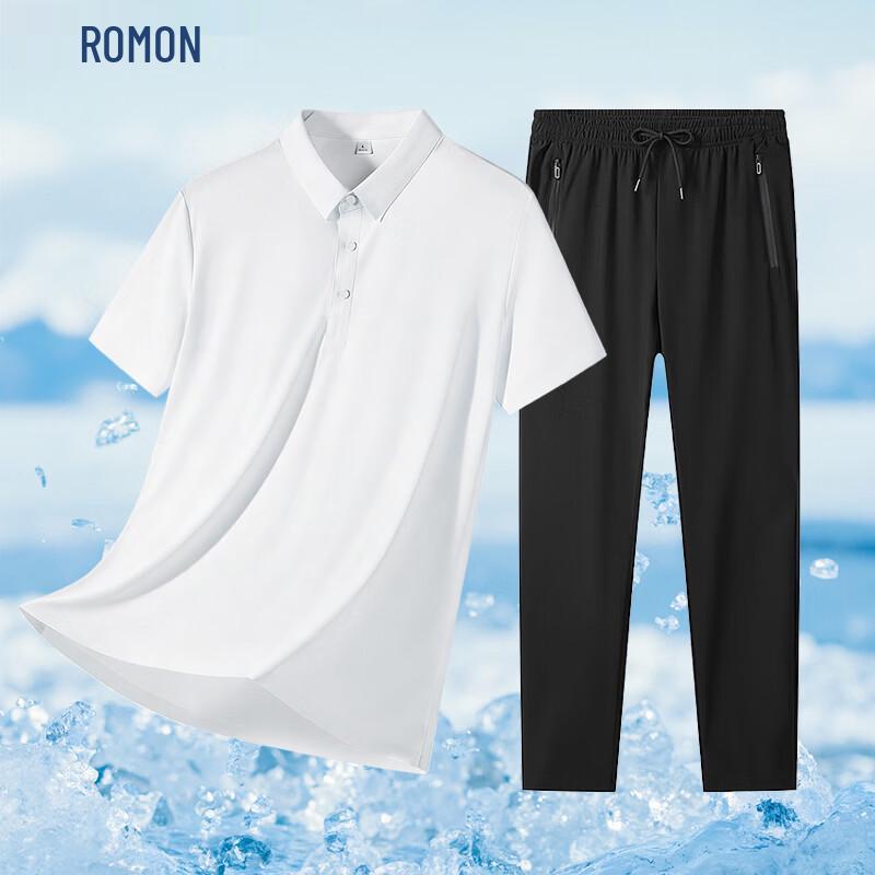 ROMON Men's Seamless Ice Silk Polo Shirt & Shorts Set