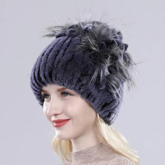 Brand Women Genuine Rex Rabbit Fur Hats Winter Rex Rabbit Fur Beanies Striped Top Flower Fox Fur Warm Real Fur Knit Caps