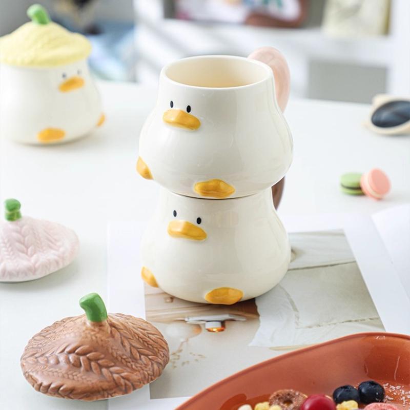 Ceramic Mug with Lid Cute Cartoon Hat Duck Mug Household Coffee Cup Breakfast Milk Cup Beautiful Water Cup