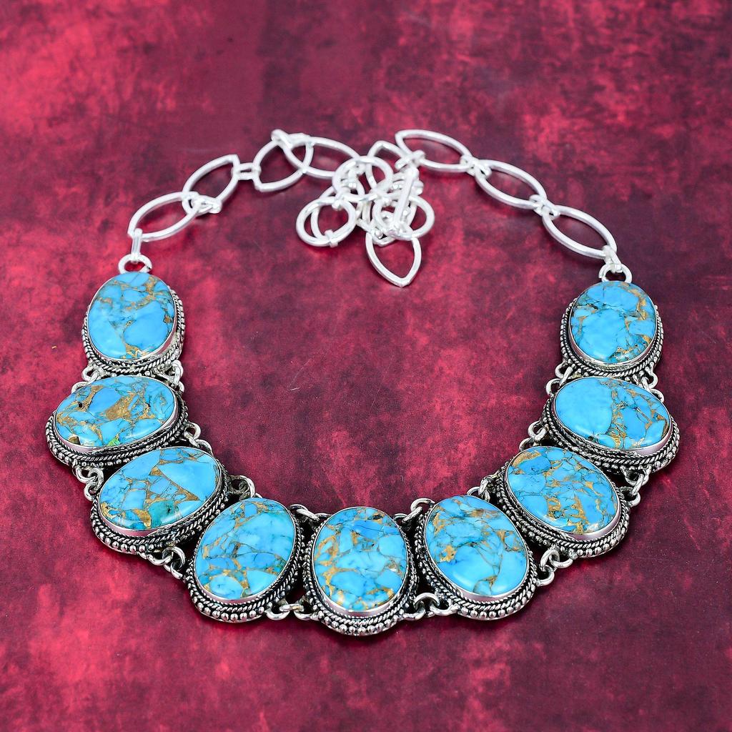 Blue Copper Turquoise Handmade Gemstone Necklace, 925 Solid Sterling Silver Necklace Antique Jewelry, For Thanksgiving