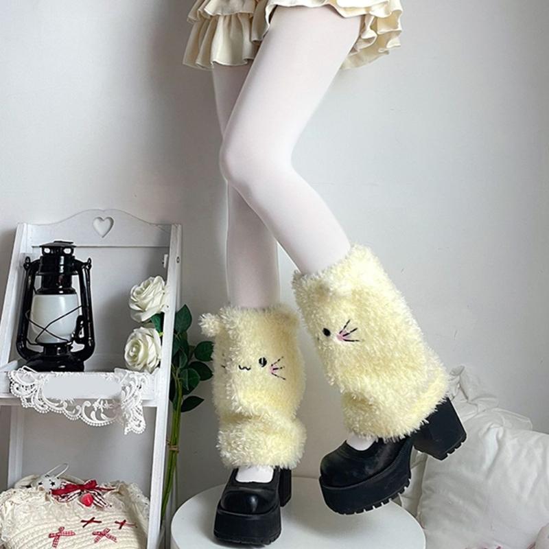 Japanese Cute Cats Ears Faux Furs Leg Warmers for Women Girls Warm Thermal Fuzzy Plush Foot Covers Long Calf Socks