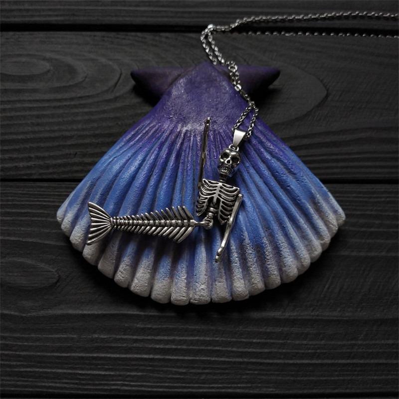 Halloween Gothic Skull Necklace Punk Skull Jewelry Mermaid Skull Fish Tail Pendant Punk Fashion Necklace Earring Keychain Gift