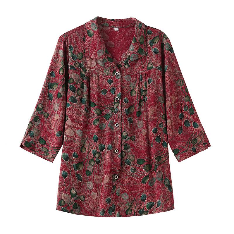 Middle-aged and Elderly Long-sleeved Shirt Women's Style Grandma's Cotton Silk Shirt Plus Size Fat Mother's Spring and Summer Loose Top