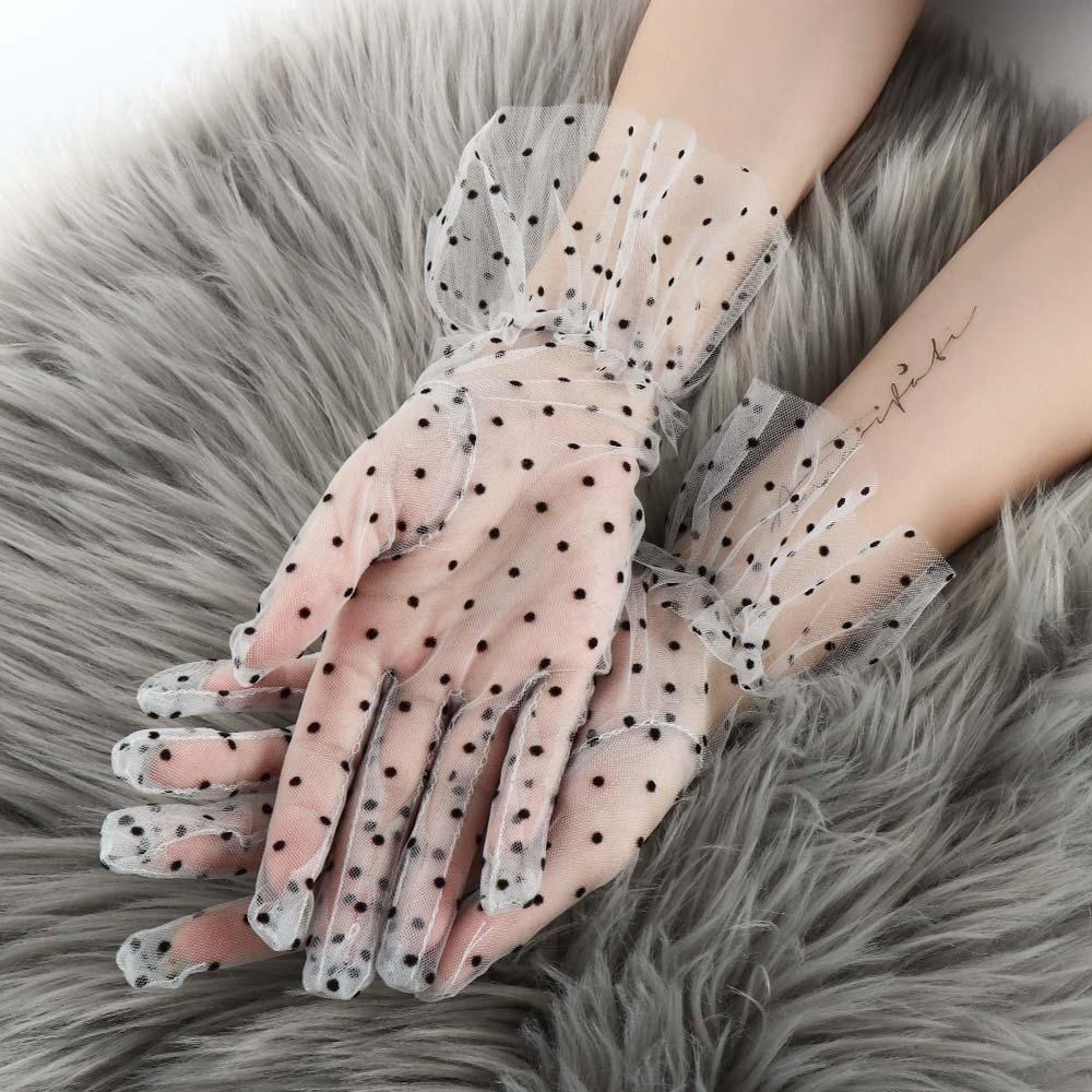 Ultra Thin Tulle Polka Dot Gloves Full Finger Wedding Party Mittens Lace Mesh Gloves UV Sunscreen