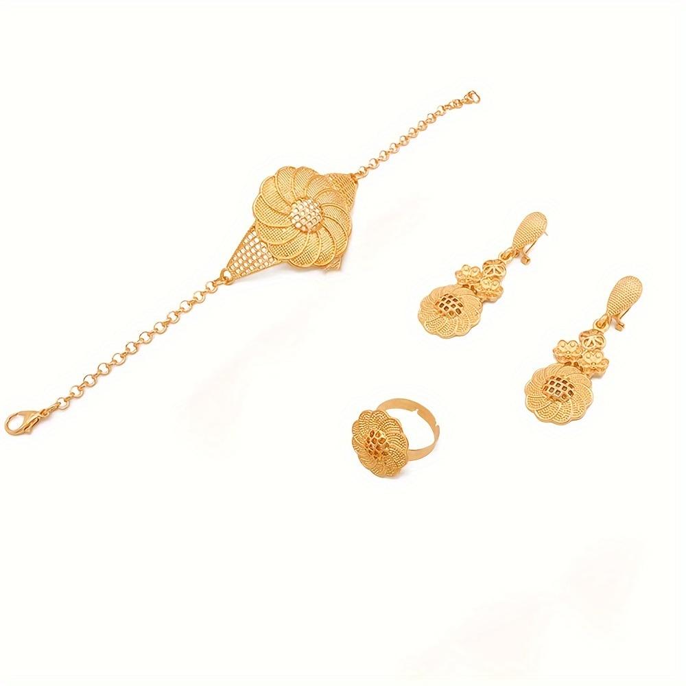 

Позолоченный комплект ювелирных изделий, комплект из 4 предметов, включающий 1 ожерелье, 1 браслет, 1 кольцо, 2 серьги, женский комплект, комплект из ожерелья, браслета, серег и кольца. золотой