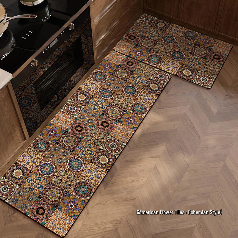 Retro American Diatom Mud Kitchen Floor Mat - Quick Dry, Water Absorbing, Non-Slip, Easy Clean, Long Strip Design.