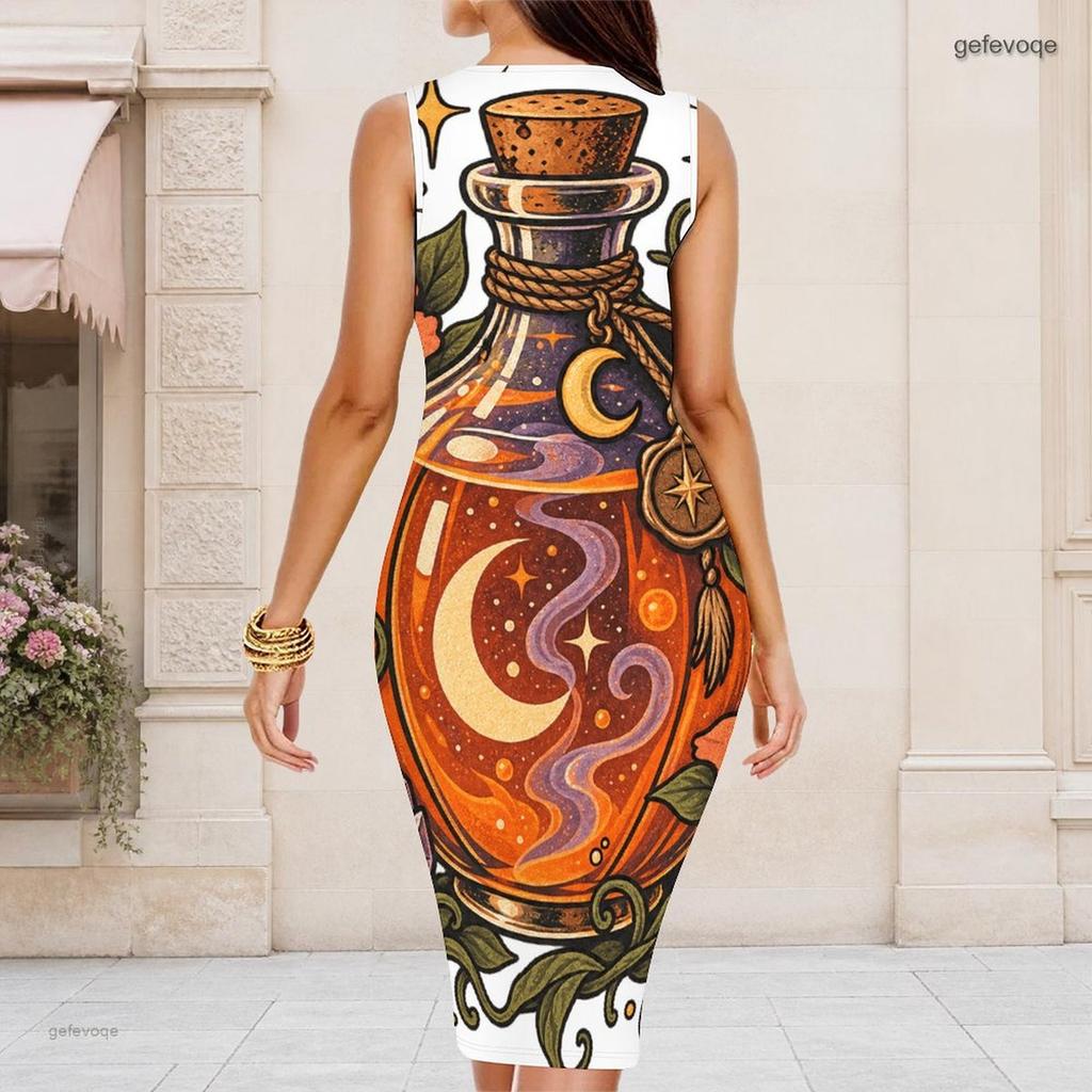 Women Plus Size Round Neck Sleeveless Halloween Ghost Print White Bodycon Midi Dress