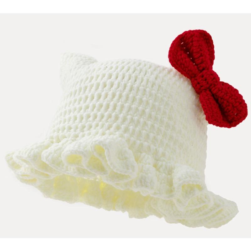 

Knitted Women s Hats Cat-ear Ruffled Bucket Hat Autumn Winter Warm Hand-stitched Knitted Headpiece Hat Outdoor Cute Girls Caps белый