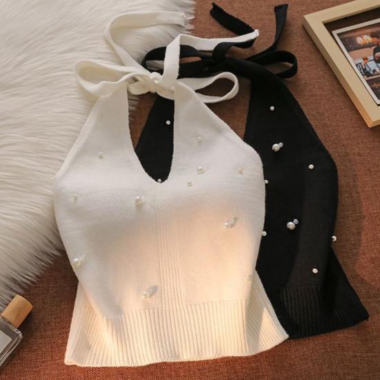 Women Tops Halter Neck Beaded Faux Pearls Camisole Soft Stretchy Loose Fit Solid Color Knitting Tops Work Party Wear