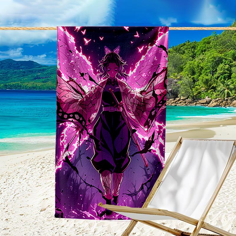 proof beach towel with a Demon Slayer Shinobu Kocho pattern - soft,absorbent,quick-drying,machine washable - perfect for swimming,camping,bathing