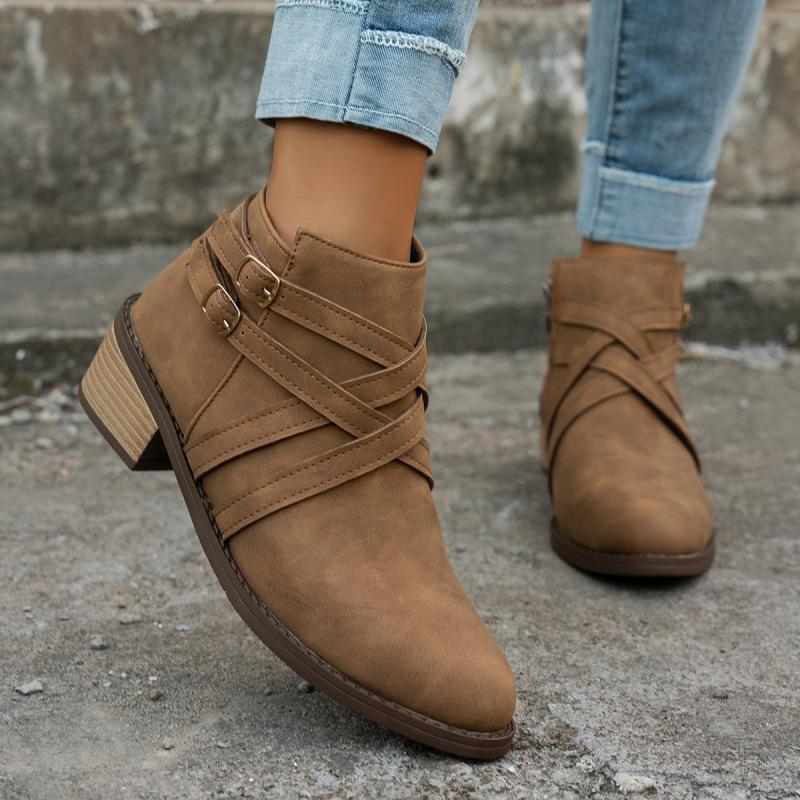 Spitze kurze Stiefel Herbst Neu Große Größe Kreuzriemen Seitenreißverschluss Niedriger Absatz Chelsea Boots