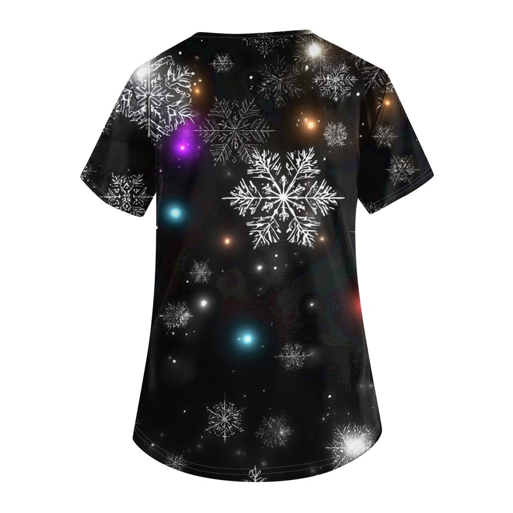 Women's V-neck Christmas printed short-sleeved pocket side-slit protective suit top