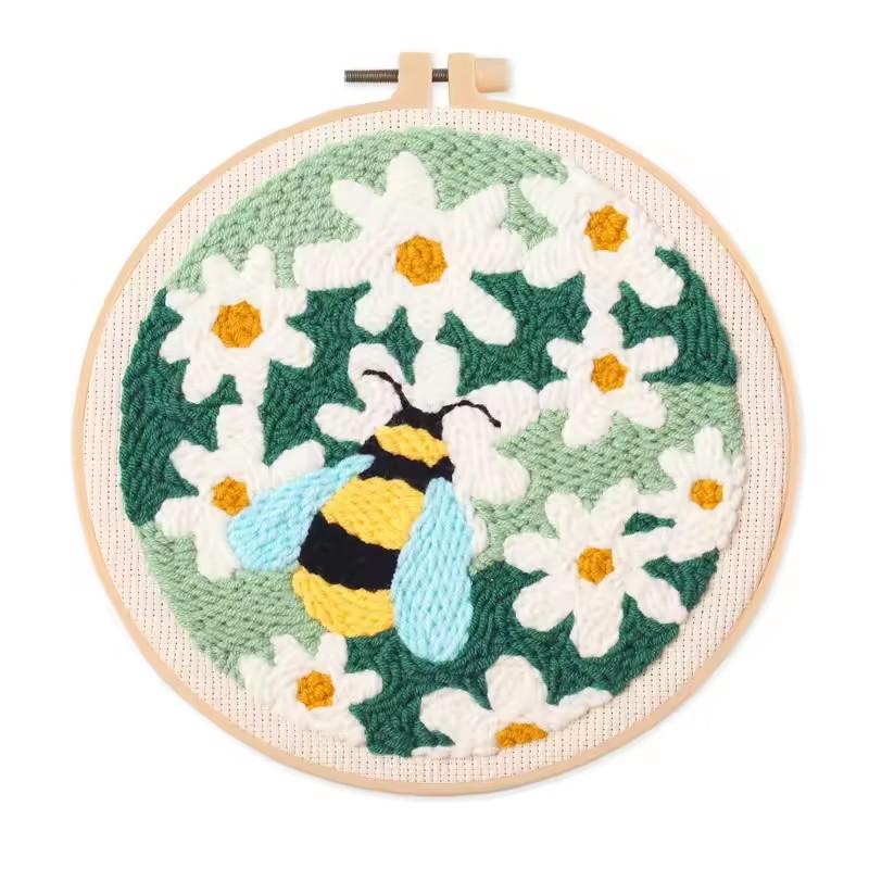 CHENISTORY DIY Punch Needle Kit Bee Butterfly White Flowers 20x20cm With Embroidery Hoop for Beginner Craft Kit Home Wall Decor