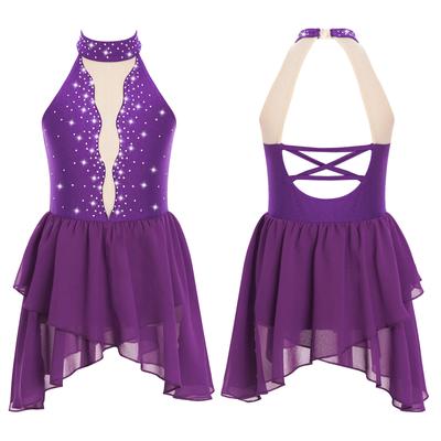 Costum Dans Liric cu Strasuri pentru Fete, Patchwork din Plasă Transparentă, Fără Mâneci, Gât Mock, Spate Decupat, Rochie cu Tiv Neregulat