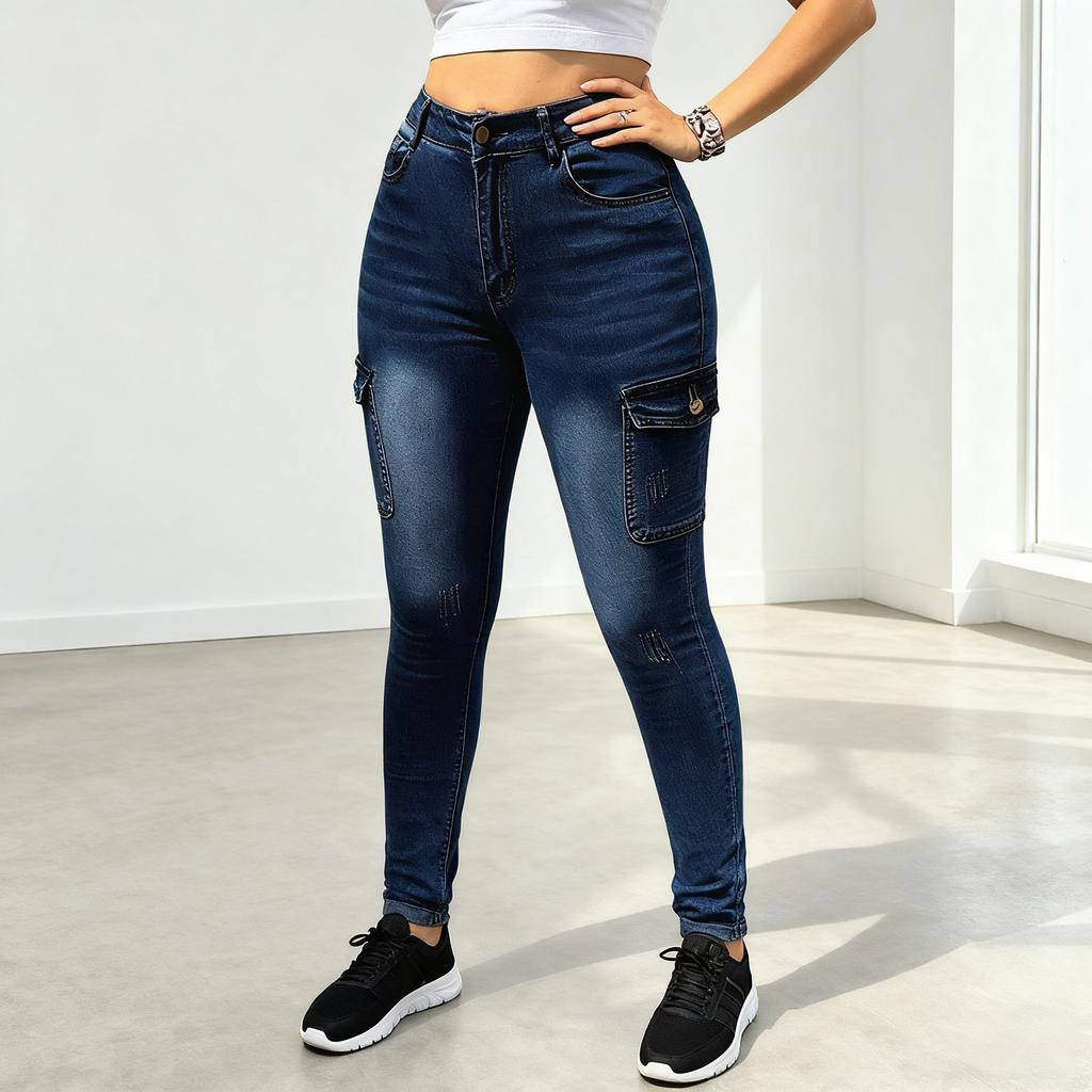 Women's Mid- Stretch Jeans Fashion Straight Leg Denim Pants With Pockets