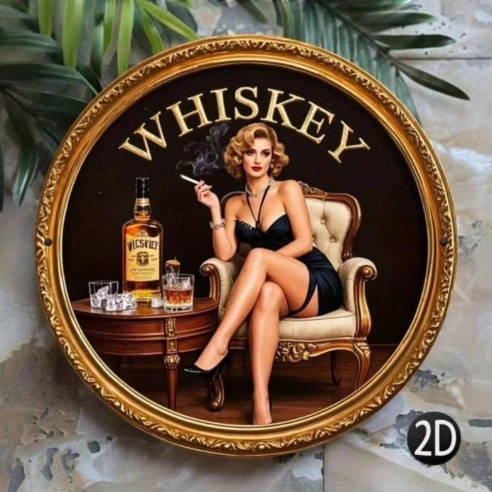 Vintage Whiskey Lady Metal Wall Art Rustic Round Iron Sign Home Bar Cafe Decor