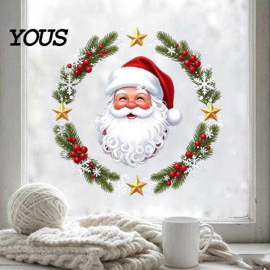 Wasserdichte PVC-Ornamente Weihnachts-Fenstersticker, Niedlicher Weihnachtsmann-Kranz-Aufkleber, Cartoon-Szenen-Layout Feiertags-Statik-Glasdekor für das Büro