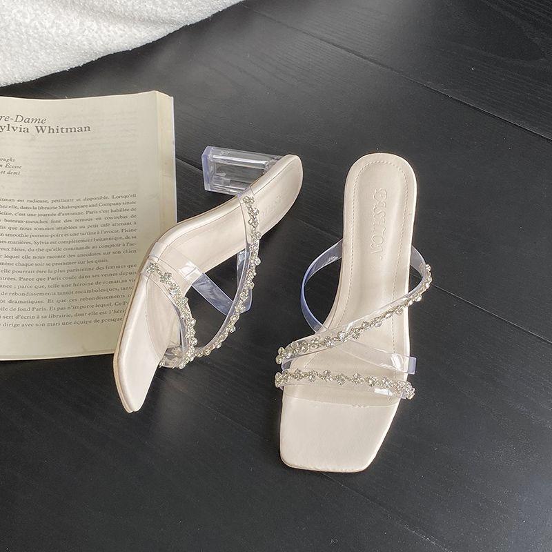 Crystal Transparent One-word Belt Beautiful High-heeled Sandals Summer New Crystal Heel Cool Slippers Women's Outer Wear